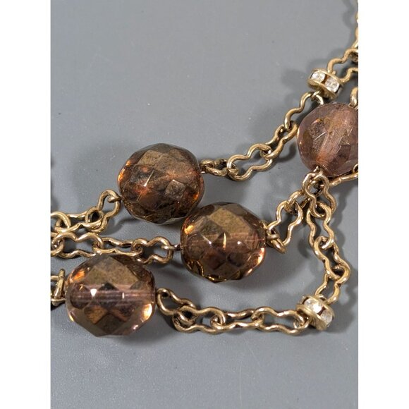 Retro Antiqued Gold Tone Beige Glass Bead Layered Necklace 19" Crystal Accent - Picture 3 of 9